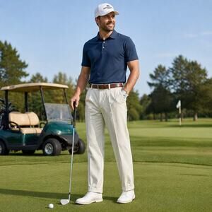 Dockers Golf Pants Mens 36x32 Beige Pleated Cuffed Classic Fit Microfiber Preppy